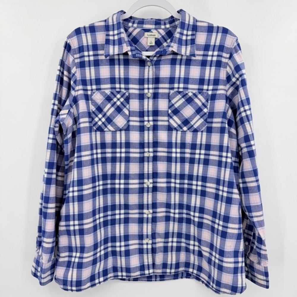 L.L. Bean Blue Pink Checkered Flannel Button Down Shirt 100% Cotton Large Preppy